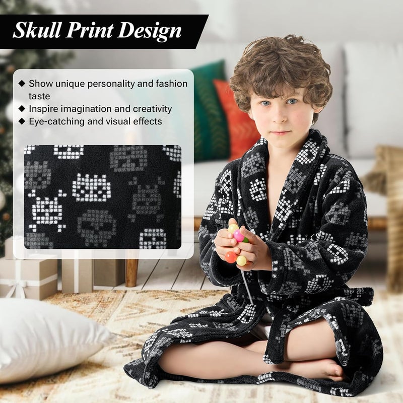 Leapsea Skull Print Boys Coral Fleece Bathrobe with Collar, Super Soft and Warm Pajama for Kid 7-16 Years - Image 3